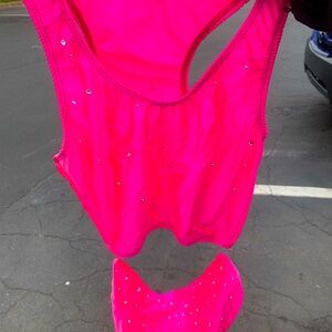 Two piece high waisted stripper dance outfit hot pink with rhinestones